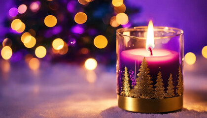 Obraz na płótnie Canvas Beautiful purple gold christmas candle close up with copy space