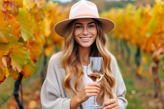 Beautiful young woman with glass of wine in vineyard in autumn