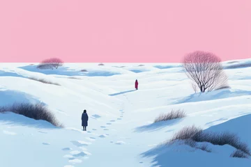 Foto auf Acrylglas Hell-pink color block illustration of a person from far away walking/wandering in the snow landscape winter christmas lost in film style for card/print/cover