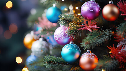 Obraz na płótnie Canvas Beautiful decorated Christmas tree, closeup, Bright color. Generative Ai