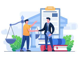 Lawyer giving legal assistance or singing contract, agreement, or document, Law and justice flat illustration concept, Service of a lawyer, Notary, Legal consultation in business and finance