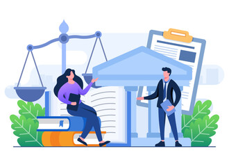 Law and justice flat illustration, Lawyer consulting client, Legal advice, Service of a lawyer, Notary, Law firm and legal service concept for web design, landing page, web banner, mobile app