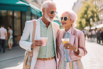 Stylish senior couple in sunglasses holding coffee cups and talking on street