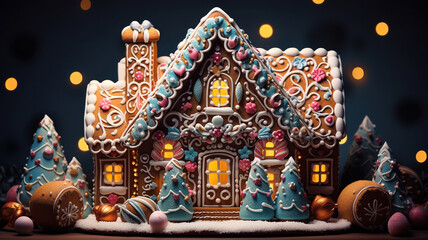 Handmade Christmas gingerbread house. Delicious cookies prepared for the holiday. Generative Ai