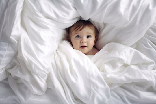 Cute baby boy lying on white bedding and looking at camera