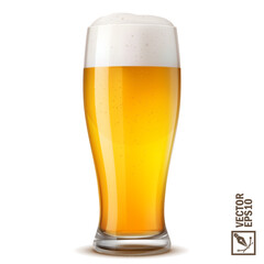 3D realistic cold glass of light beer with lush flowing foam