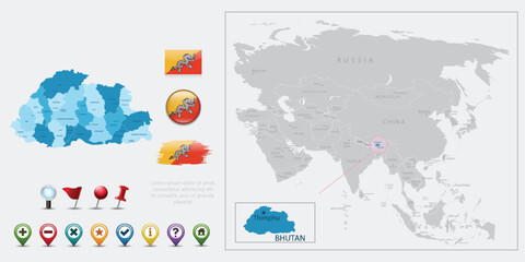 Bhutan map, flag and navigation icons. Vector illustration