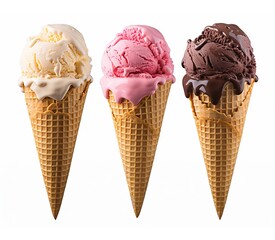 Chocolate, vanilla and strawberry Ice cream in the cone on white background