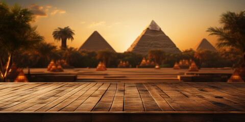 Ancient wooden product display podium with pyramids in background. - obrazy, fototapety, plakaty
