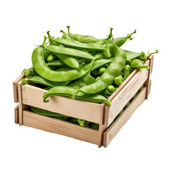 Angled view close up of snow peas vegetable crate isolated on a white transparent background

