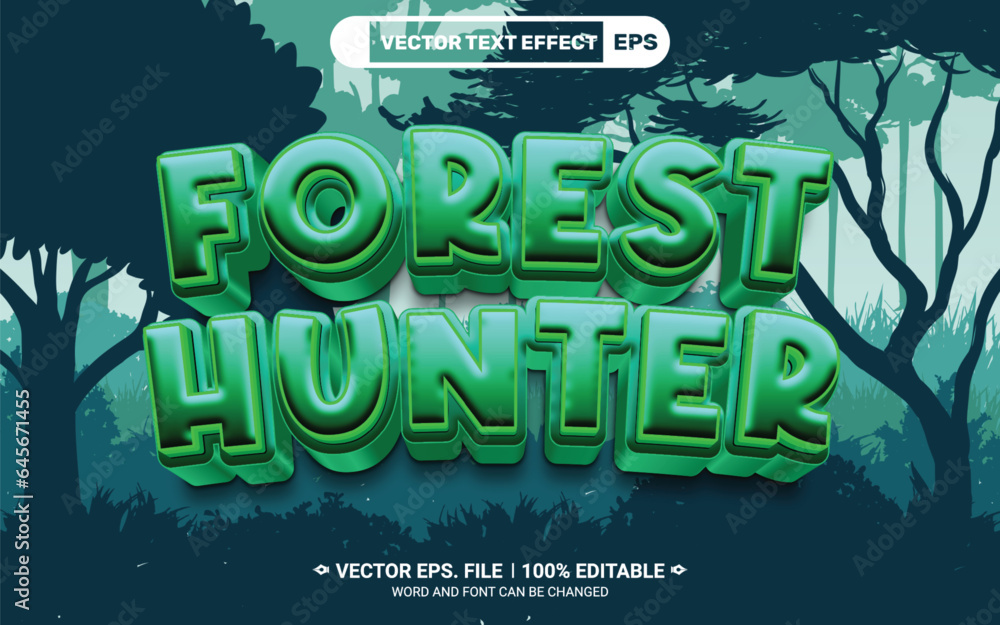 Poster forest hunter 3d editable vector text style effect with jungle background