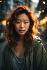 asian young woman taking a selfie looking at the camera, ginger with freckles, perfect proportion. Image created using artificial intelligence.