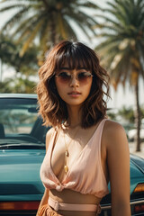 Fashion portrait of beauliful japan woman, Miami girl wearing sunglasses in summer. Image created using artificial intelligence.