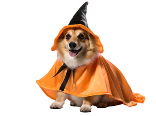 Corgi dog dressed in an orange and black Halloween costume. Cute and funny. Transparent background.