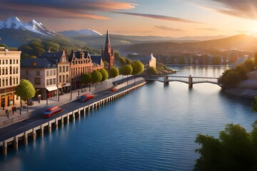 The view of city with river and a bridge over the water at sunset under cloudy sky in evening