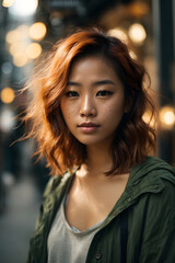 asian young woman taking a selfie looking at the camera, ginger with freckles, perfect proportion. Image created using artificial intelligence.