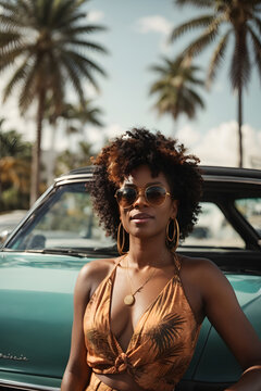 Fashion portrait of beauliful adult black woman, Miami girl wearing sunglasses in summer. Image created using artificial intelligence.