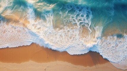 Fototapeta na wymiar Top View of Yellow Sand Beach Seashore Surrounded by Crystal-Clear Turquoise Waves