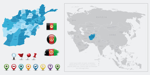 Naklejka premium Afganistan map, flag and navigation icons. Vector illustration set