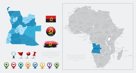 Angola flag, map and navigation icons. Vector Illustration