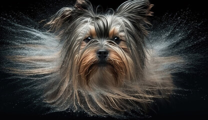 Naklejka premium One Delightful Wet Yorkshire Terrier Violently Shakes Herself Whilst Looking at the Camera Water Splashes Selective Focus