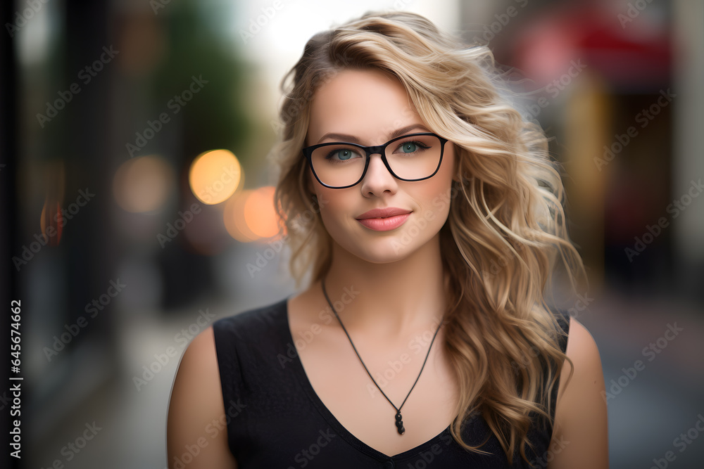 Wall mural Blond attractive smiling woman in glasses