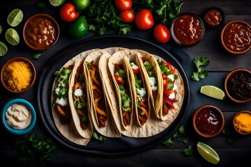 A traditional Mexican taco platter with a variety of fillings and salsas.