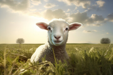 field animal farm green wool sun meadow grass sheep lamb. Generative AI.