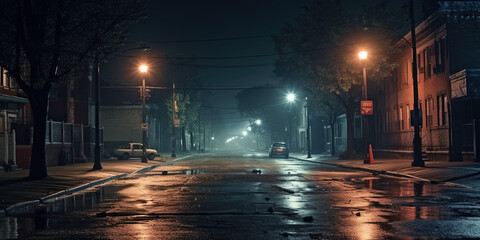 A desolate Street at Foggy Night by a Flickering Street Lamp - obrazy, fototapety, plakaty