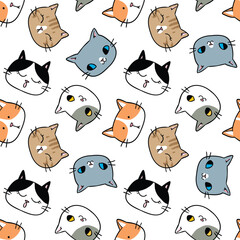 Seamless Pattern of Cartoon Cat Face Design on White Background