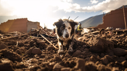 Rescue dog searching for survivors after earthquake. 