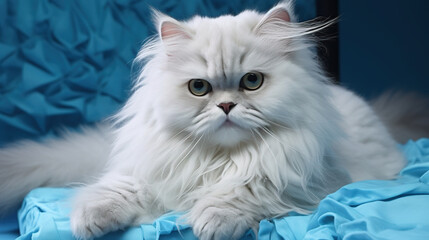 A Beautiful Muppet White Cat with Big Eyes Laying on The Bed Domestic Animal Selective Focus