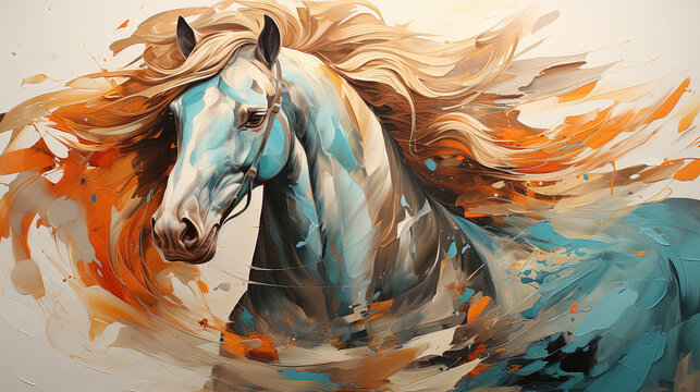 Abstract Portrait of Horse with Red Hair in The Watercolor Oil Painting