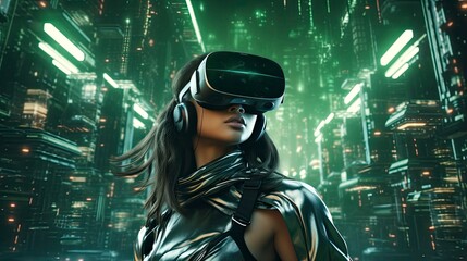 Metaverse digital cyber world technology, people with virtual reality VR goggle playing AR augmented reality game and entertainment, futuristic metaverse gameFi NFT game ideas, Generative AI