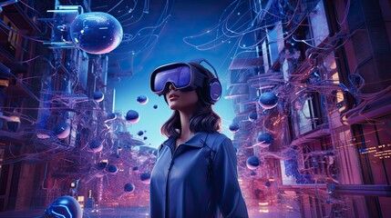 Metaverse digital cyber world technology, people with virtual reality VR goggle playing AR augmented reality game and entertainment, futuristic metaverse gameFi NFT game ideas, Generative AI