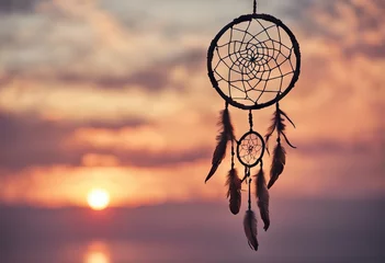 Foto op Plexiglas Boho Dreamcatcher sunset sky, boho chic, ethnic amulet symbol Indigenous Peoples Day and Native Americans Day