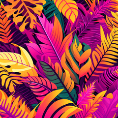 Seamless pattern with tropical leaves. Vector illustration in bright colors.