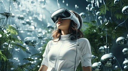 Metaverse digital cyber world technology, people with virtual reality VR goggle playing AR augmented reality game and entertainment, futuristic metaverse gameFi NFT game ideas, Generative AI