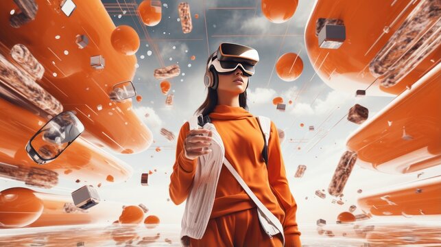 Metaverse digital cyber world technology, people with virtual reality VR goggle playing AR augmented reality game and entertainment, futuristic metaverse gameFi NFT game ideas, Generative AI