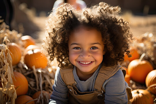 Cute little mixed-race girl with curly hair in a pumpkin patch outdoors