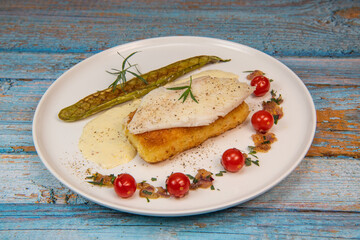 FISH RECIPE, SAINT-PIERRE SEAFISH, FILLET ACCOMPANIED BY PANNE RICE, THAI AUBERGINE, TOMATO,...