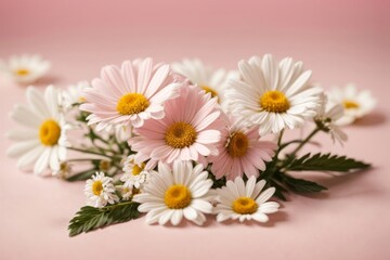 Fototapeta na wymiar Minimal style concept. White daisy chamomile flowers on pale pink background. Creative lifestyle, summer, spring concept
