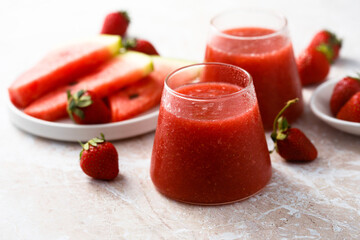 Refreshing watermelon drink with fresh strawberry