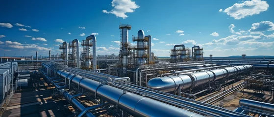 Fotobehang Pipelines and pipe rack of an industrial operation producing petroleum, chemicals, hydrogen, or ammonia. © tongpatong