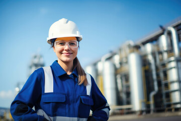 Happy Female Refinery Worker Posing at the Industrial Plant