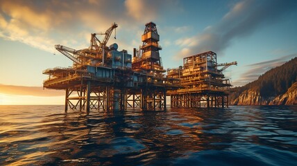 The sun is setting behind an oil platform in the ocean..