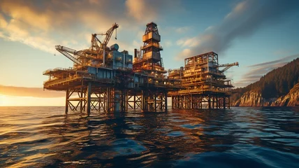 Fototapeten The sun is setting behind an oil platform in the ocean.. © tongpatong