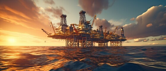 The sun is setting behind an oil platform in the ocean..