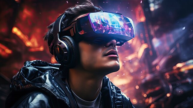 Metaverse digital cyber world technology, people with virtual reality VR goggle playing AR augmented reality game and entertainment, futuristic metaverse gameFi NFT game ideas, Generative AI