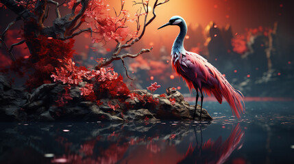 Exotic Colorful Red Crane Bird Standing At Water Lake Selective Focus